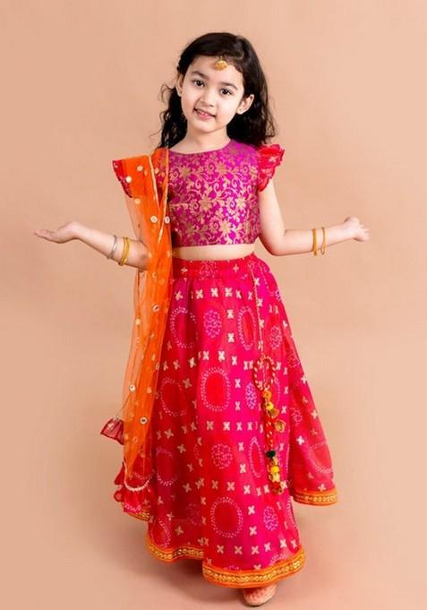 Pink And Orange Lehenga With Blouse With Dupatta (Set of 3)