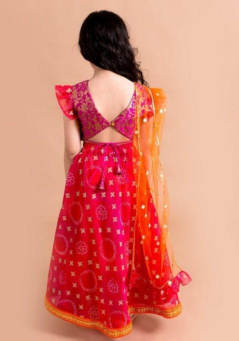 Pink And Orange Lehenga With Blouse With Dupatta (Set of 3)
