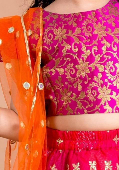 Pink And Orange Lehenga With Blouse With Dupatta (Set of 3)