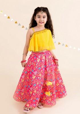 Coral And Yellow Lehenga With Blouse (Set of 2)