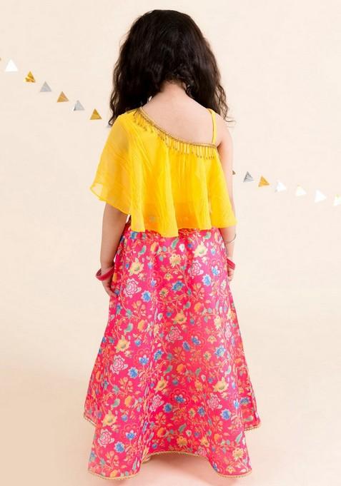 Coral And Yellow Lehenga With Blouse (Set of 2)