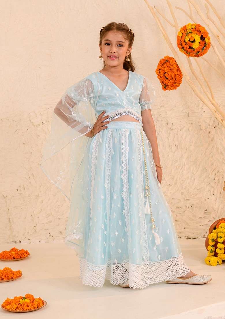 Blue Embroidered Lehenga With Blouse With Dupatta (Set of 3) - Indya