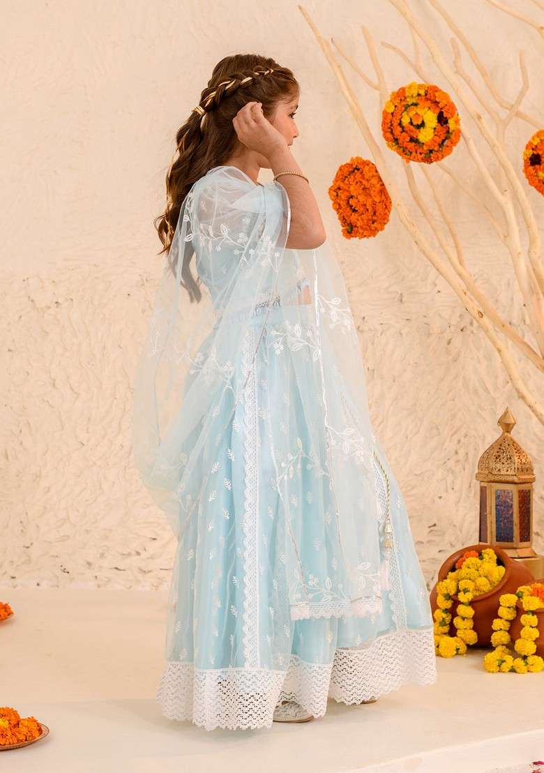 Blue Embroidered Lehenga With Blouse With Dupatta (Set of 3) - Indya
