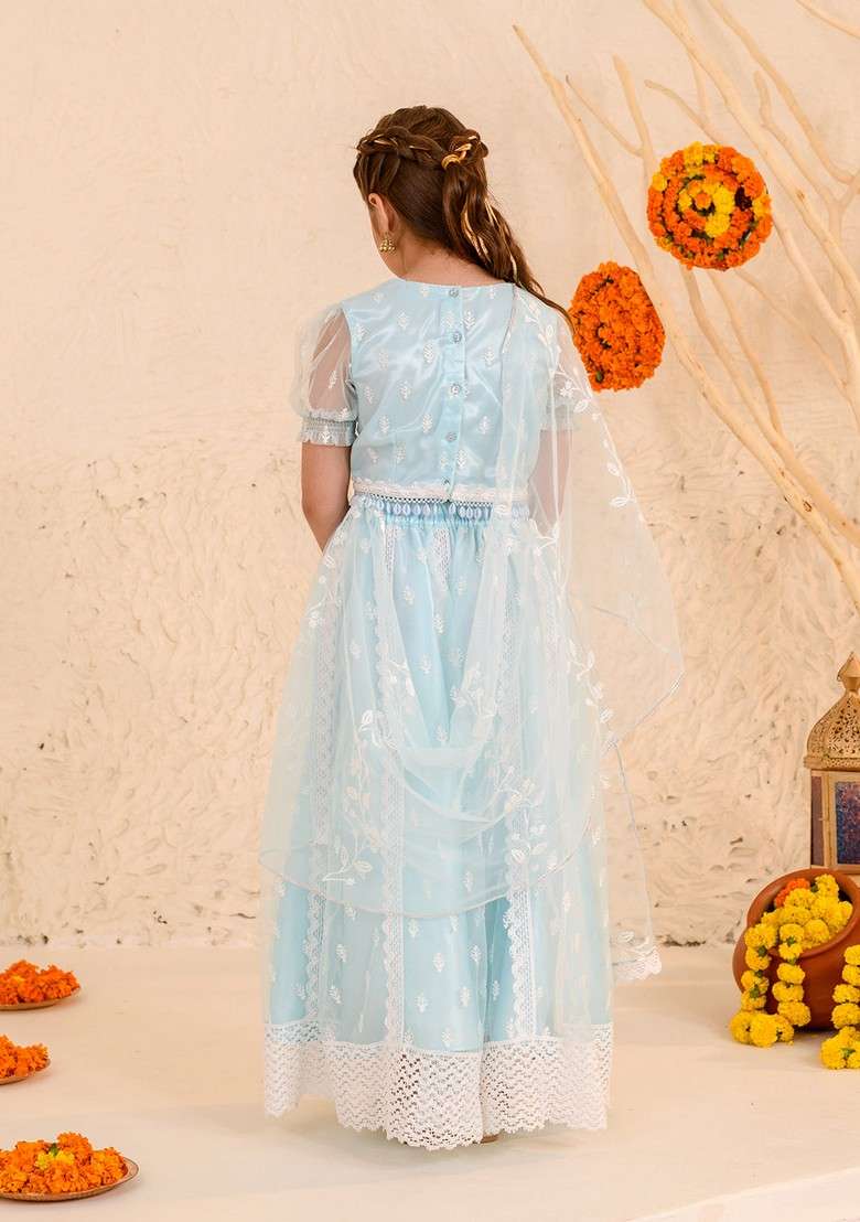Blue Embroidered Lehenga With Blouse With Dupatta (Set of 3) - Indya