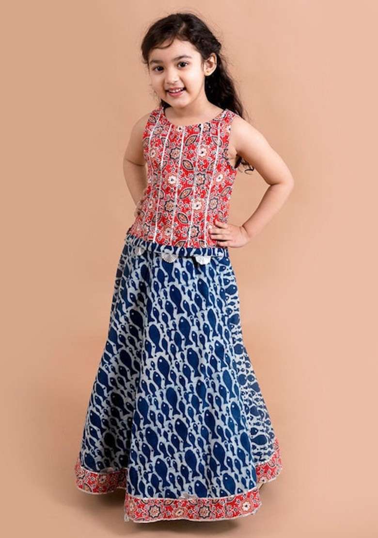 Blue And Red Printed Lehenga With Blouse (Set of 2) - Indya