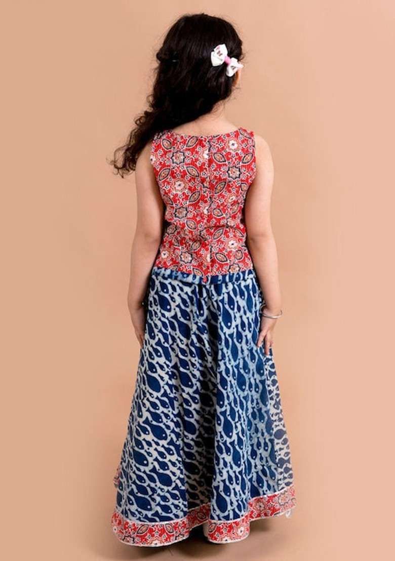 Blue And Red Printed Lehenga With Blouse (Set of 2) - Indya