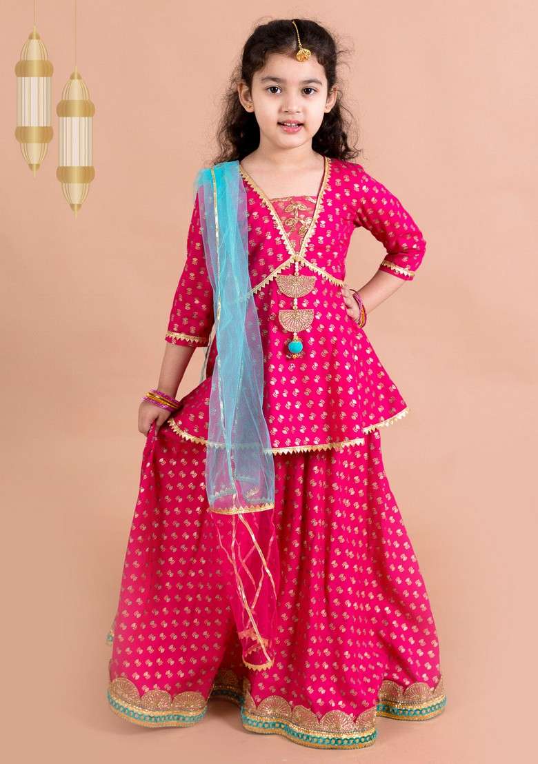 Magenta Printed Lehenga With Blouse With Dupatta (Set of 3) - Indya