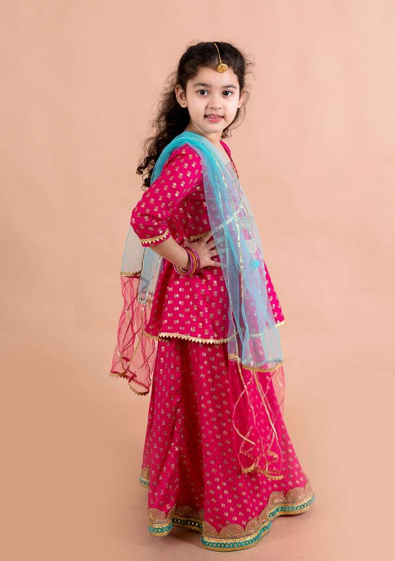 Magenta Printed Lehenga With Blouse With Dupatta (Set of 3) - Indya
