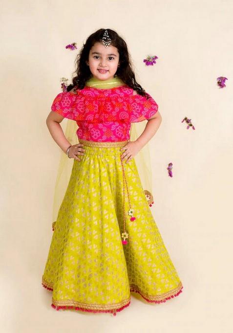 Pink Printed Lehenga With Blouse With Dupatta (Set of 3)