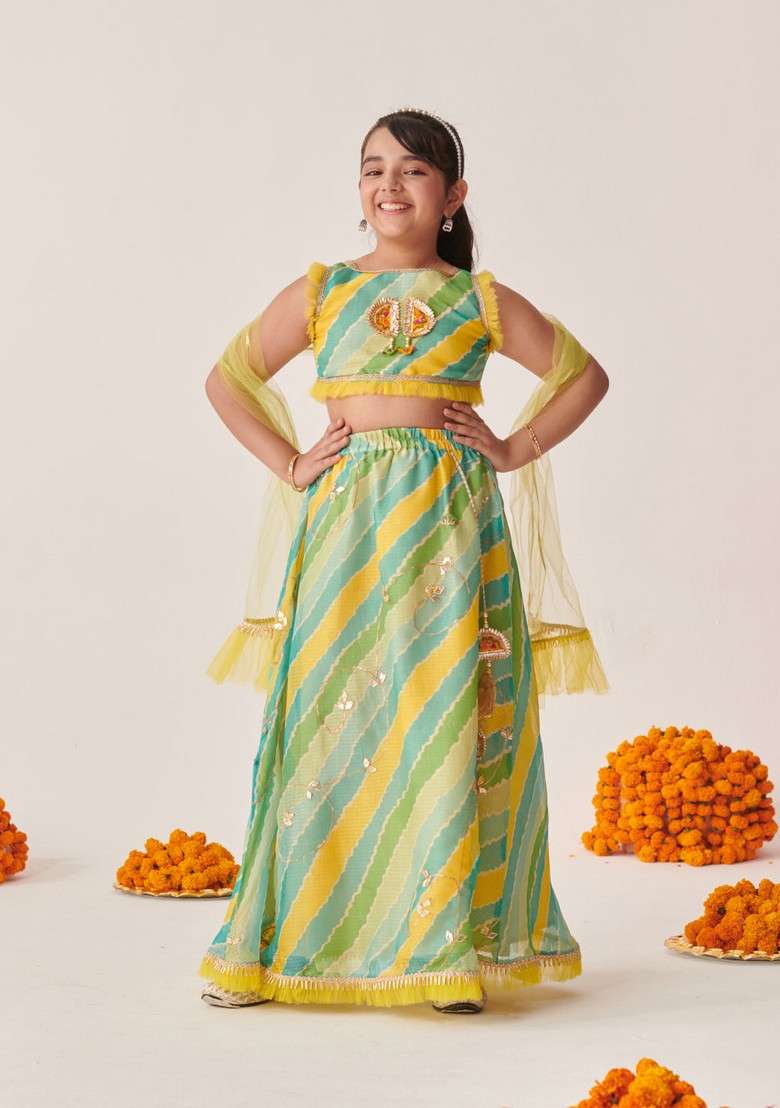 Green Printed Lehenga With Blouse With Dupatta (Set of 3) - Indya