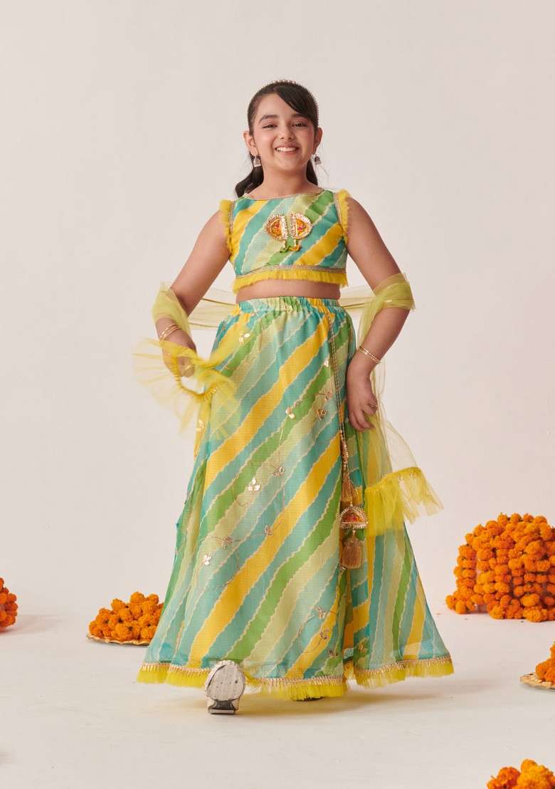 Green Printed Lehenga With Blouse With Dupatta (Set of 3) - Indya