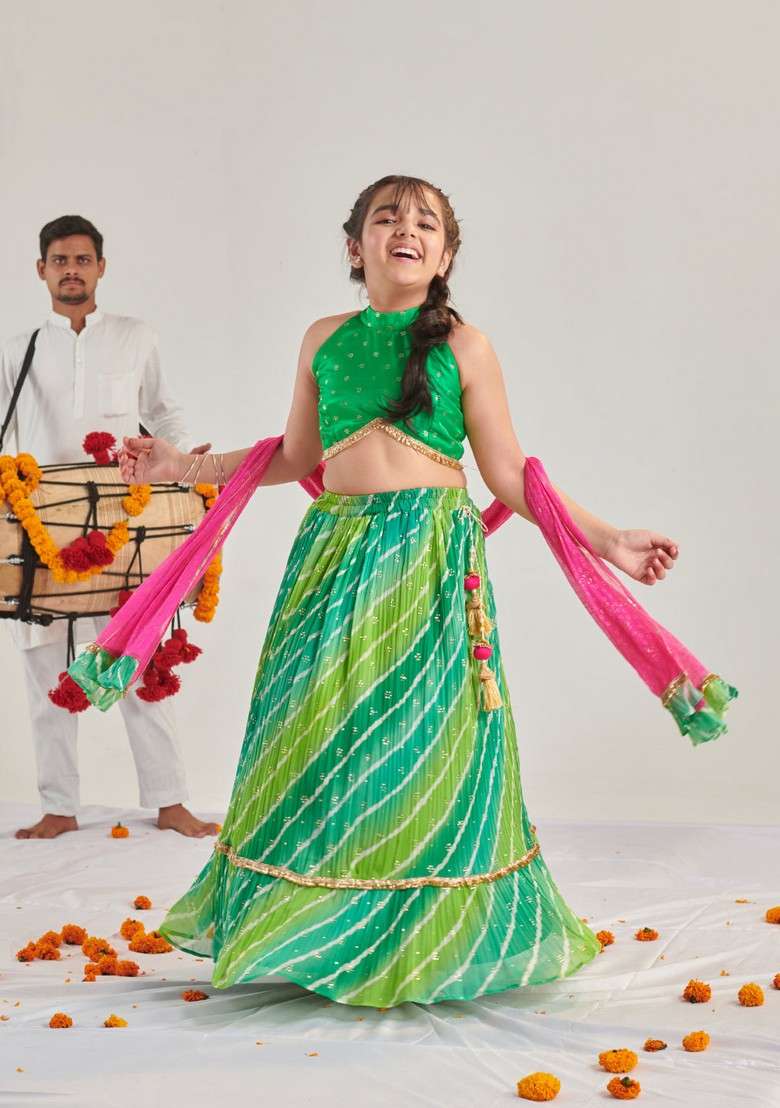 Green Printed Lehenga With Blouse With Dupatta (Set of 3) - Indya