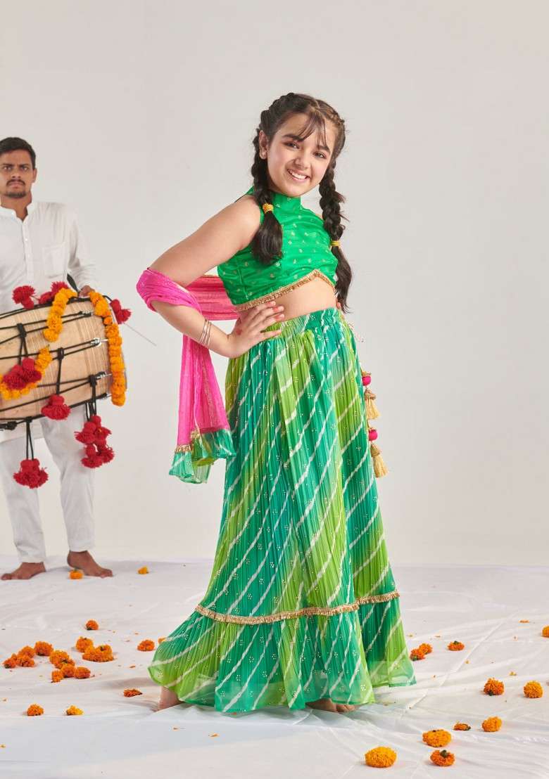 Green Printed Lehenga With Blouse With Dupatta (Set of 3) - Indya