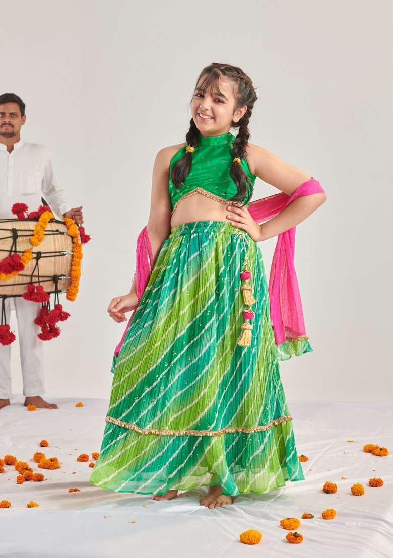 Green Printed Lehenga With Blouse With Dupatta (Set of 3) - Indya