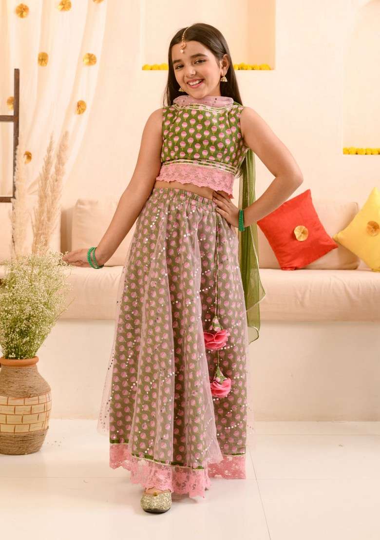 Green Printed Lehenga With Blouse With Dupatta (Set of 3) - Indya