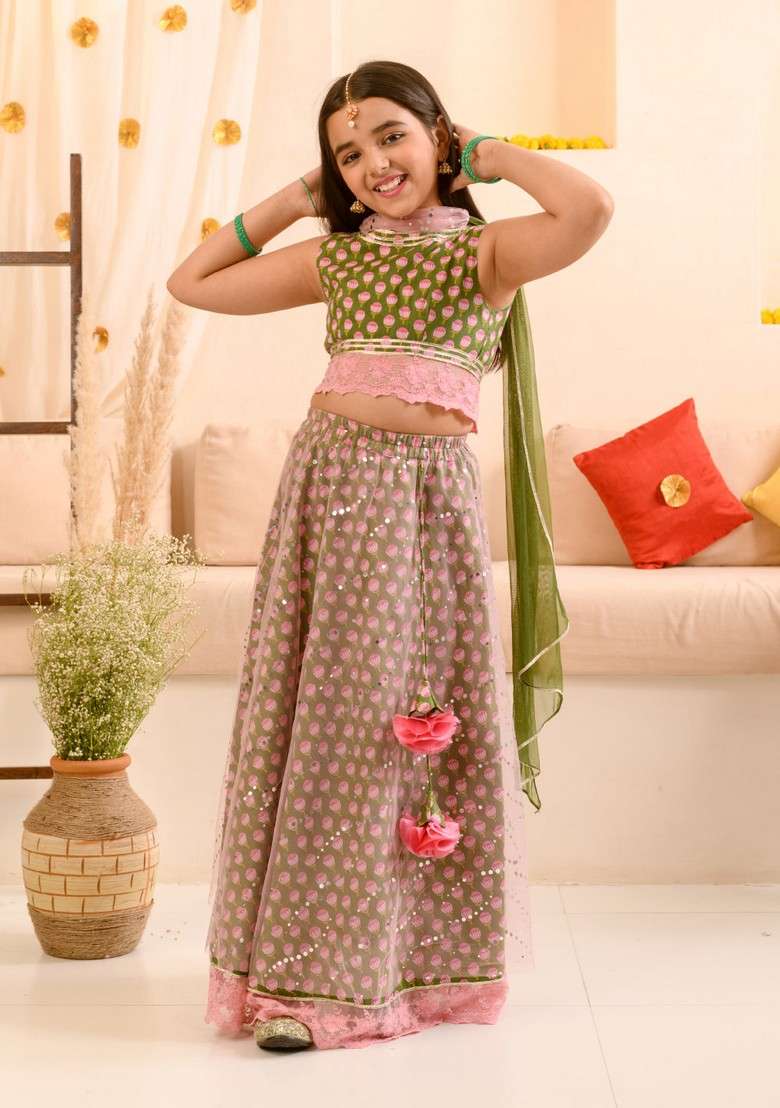 Green Printed Lehenga With Blouse With Dupatta (Set of 3) - Indya
