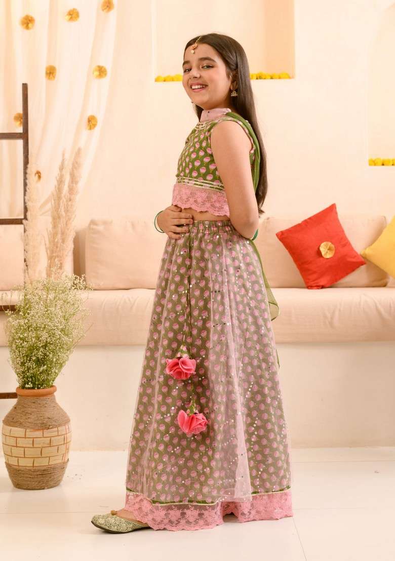 Green Printed Lehenga With Blouse With Dupatta (Set of 3) - Indya