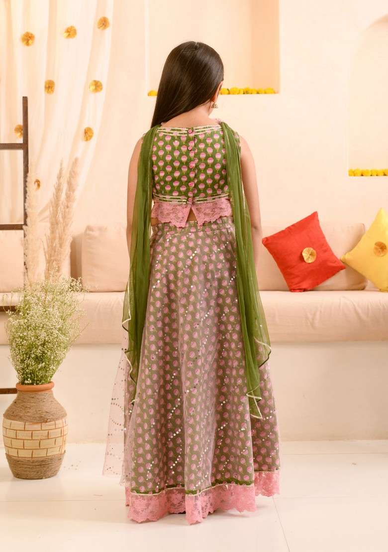 Green Printed Lehenga With Blouse With Dupatta (Set of 3) - Indya