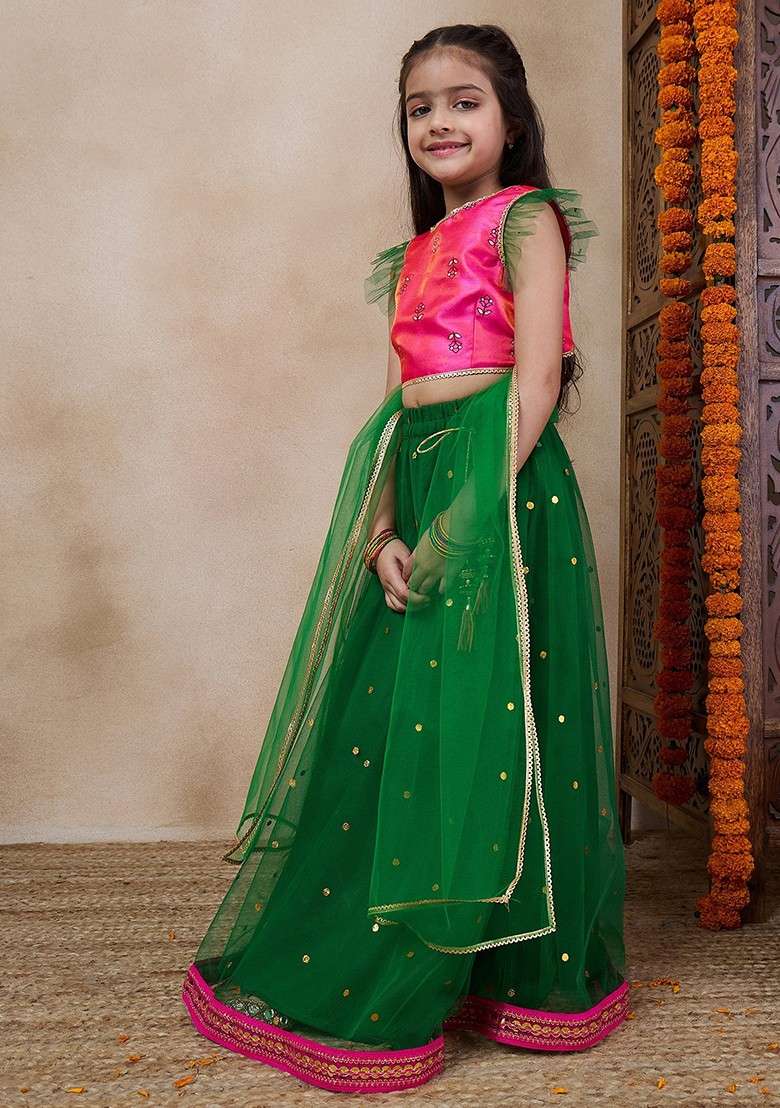 Green Printed Lehenga With Blouse With Dupatta (Set of 3) - Indya