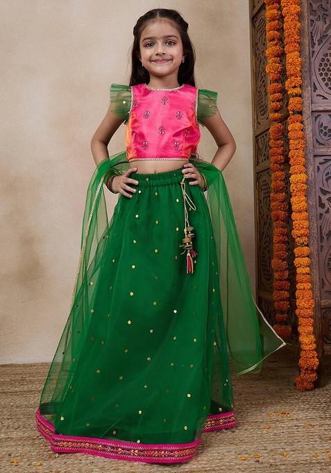 Green Printed Lehenga With Blouse With Dupatta (Set of 3)