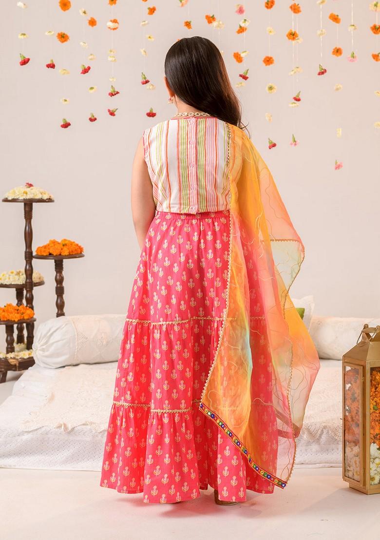 Magenta Cotton Lehenga With Blouse With Dupatta (Set of 3) - Indya