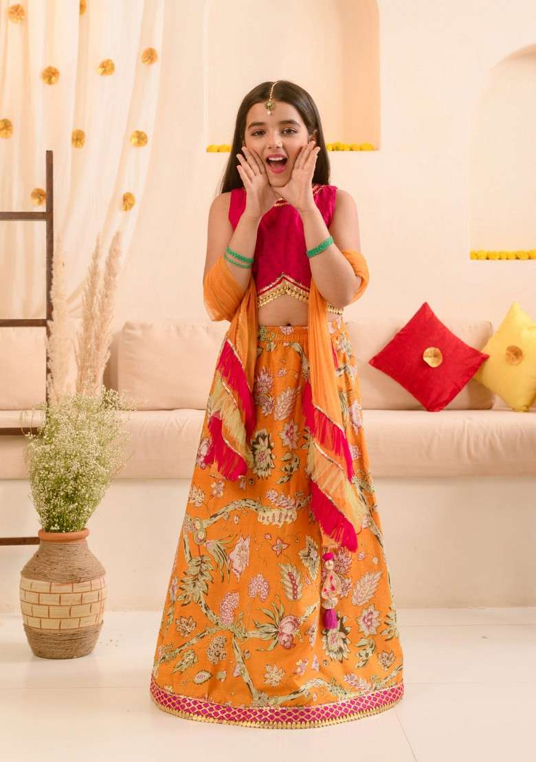 Yellow Printed Lehenga With Blouse With Dupatta (Set of 3) - Indya