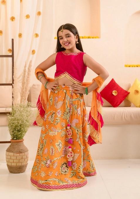 Yellow Printed Lehenga With Blouse With Dupatta (Set of 3)