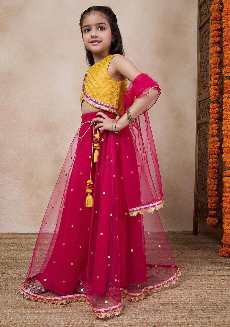 Magenta Net Lehenga With Blouse With Dupatta (Set of 3) - Indya
