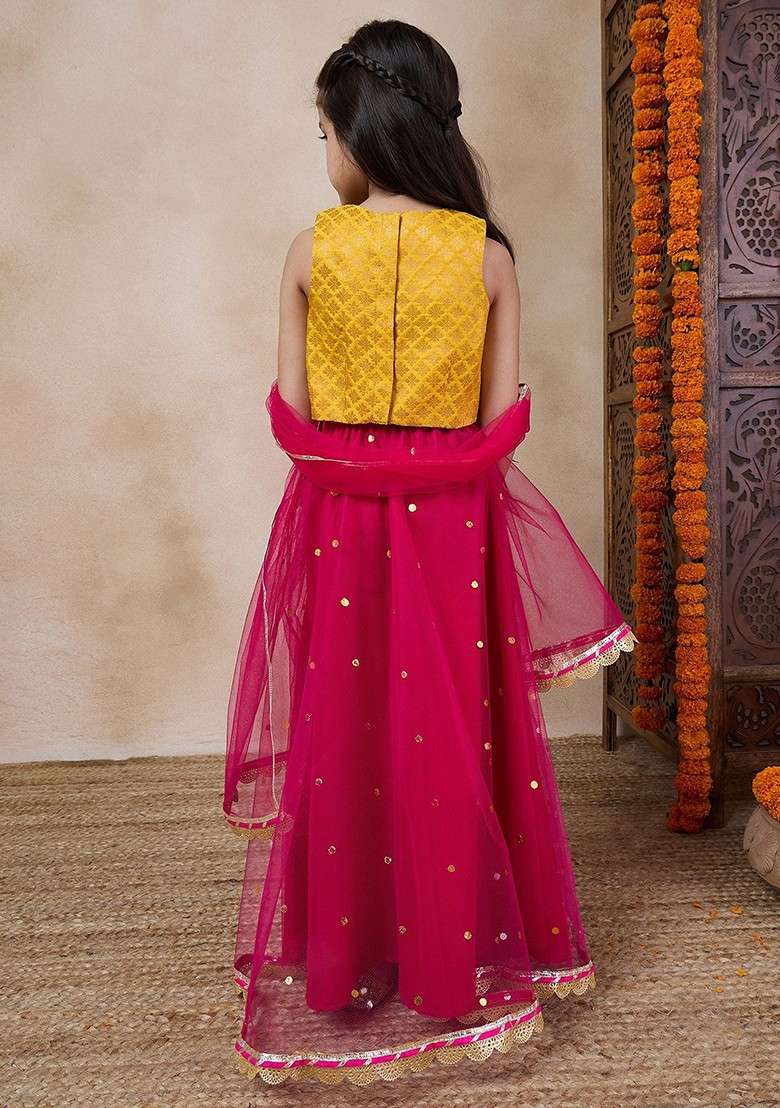 Magenta Net Lehenga With Blouse With Dupatta (Set of 3) - Indya