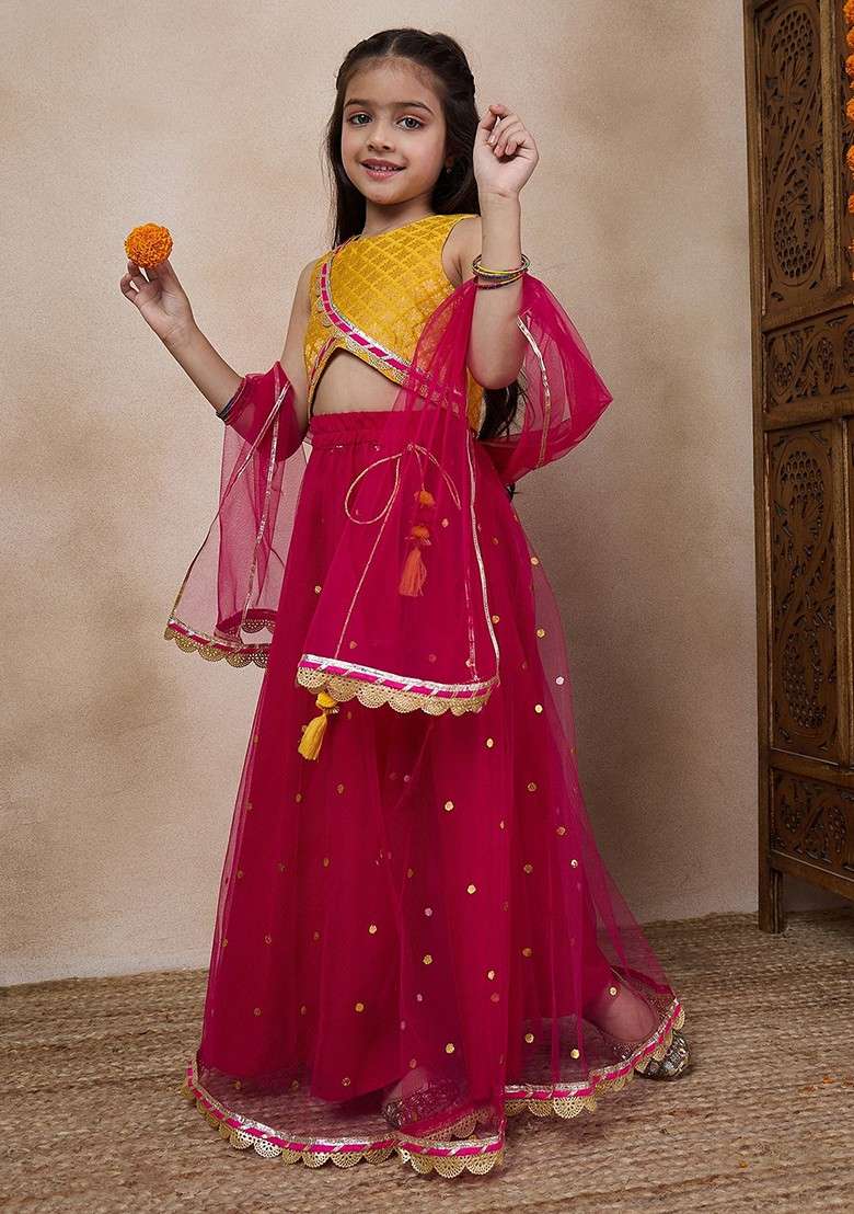 Magenta Net Lehenga With Blouse With Dupatta (Set of 3) - Indya