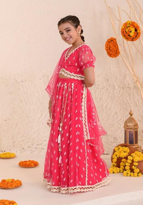 Magenta Embroidered Lehenga With Blouse With Dupatta (Set of 3)