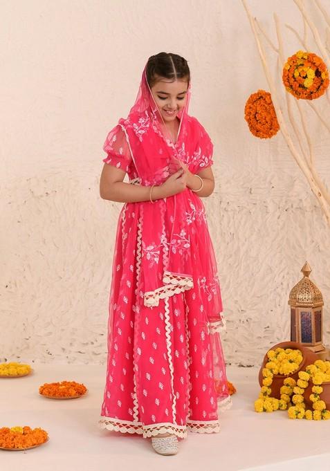 Magenta Embroidered Lehenga With Blouse With Dupatta (Set of 3)