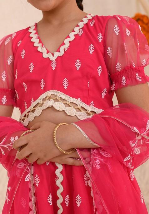 Magenta Embroidered Lehenga With Blouse With Dupatta (Set of 3)
