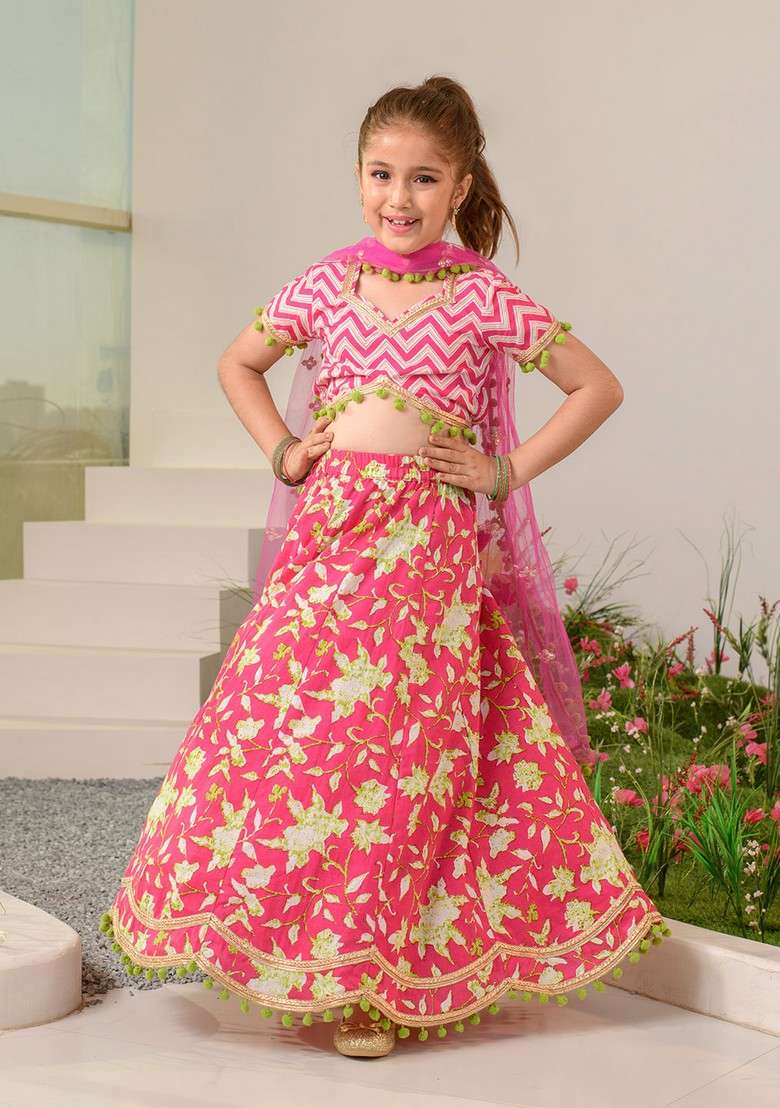 Magenta Printed Lehenga With Blouse With Dupatta (Set of 3) - Indya