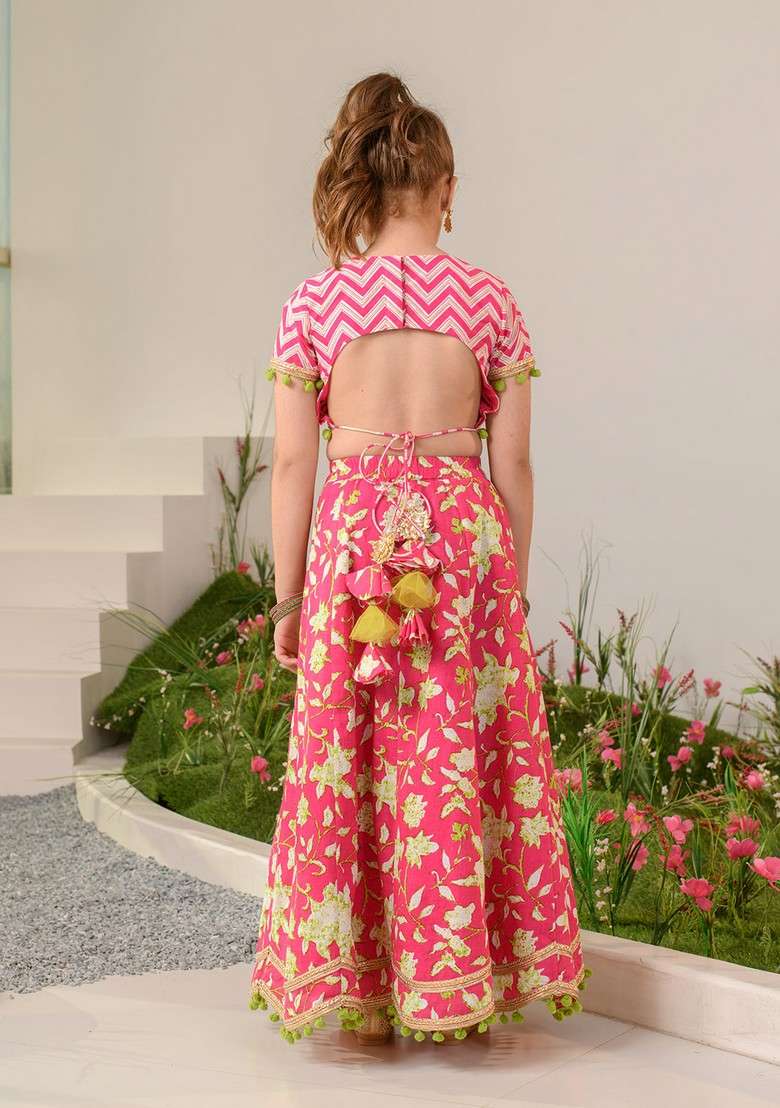 Magenta Printed Lehenga With Blouse With Dupatta (Set of 3) - Indya