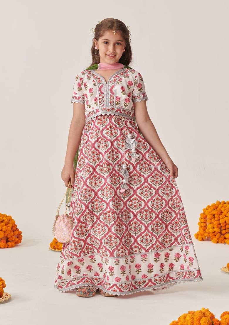 Magenta Printed Lehenga With Blouse With Dupatta (Set of 3) - Indya