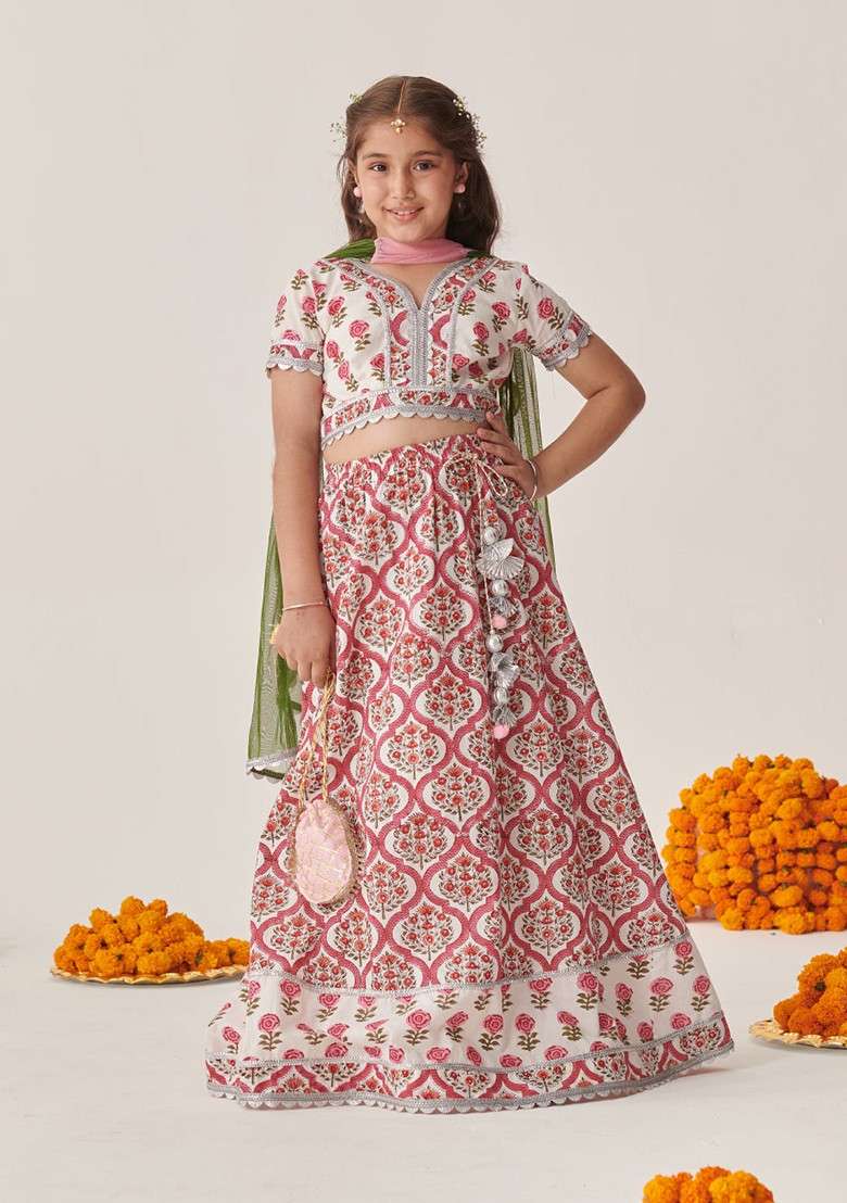 Magenta Printed Lehenga With Blouse With Dupatta (Set of 3) - Indya