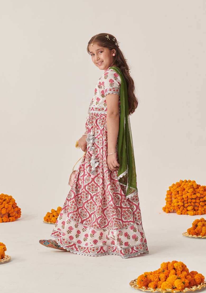 Magenta Printed Lehenga With Blouse With Dupatta (Set of 3) - Indya