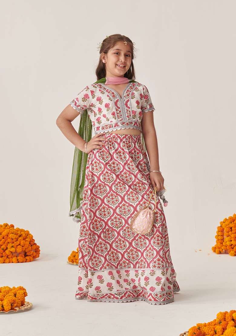 Magenta Printed Lehenga With Blouse With Dupatta (Set of 3) - Indya
