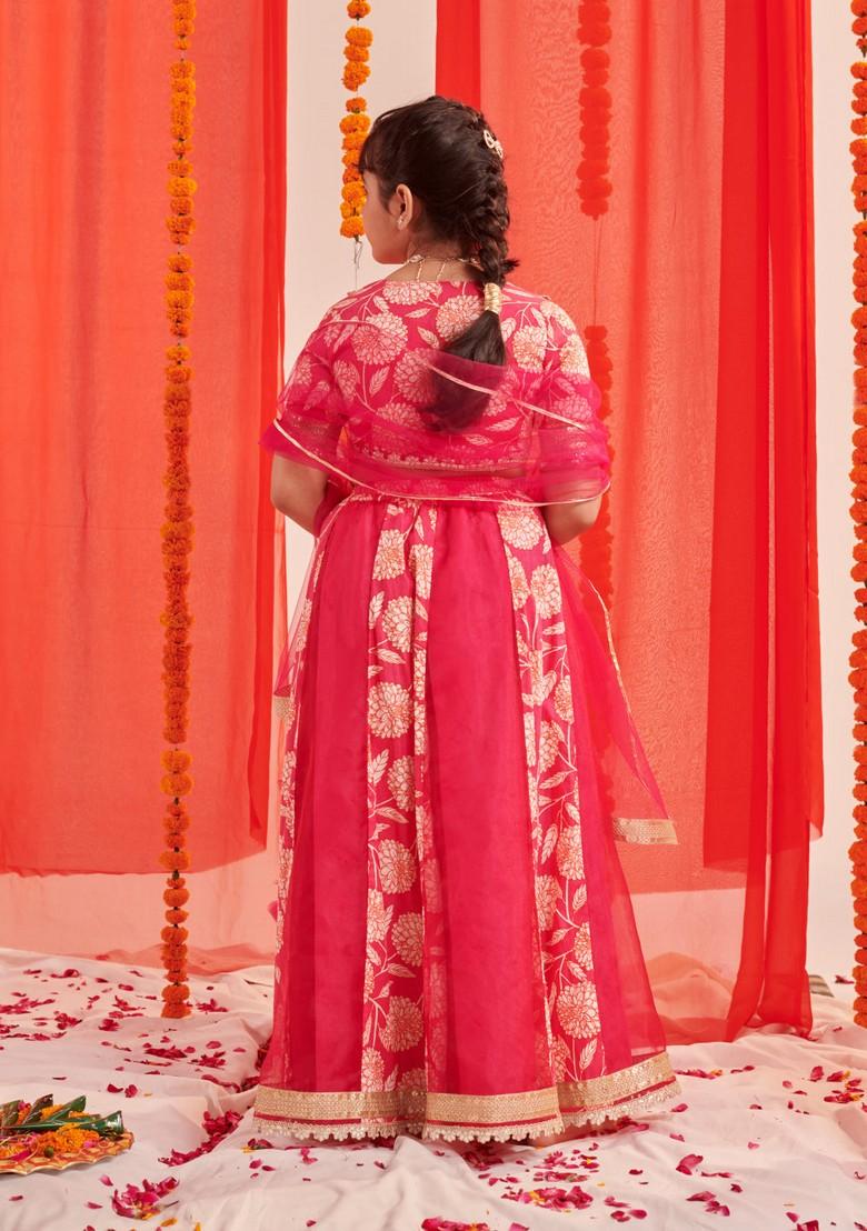 Magenta Printed Lehenga With Blouse With Dupatta (Set of 3) - Indya