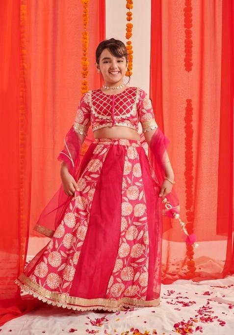 Magenta Printed Lehenga With Blouse With Dupatta (Set of 3)