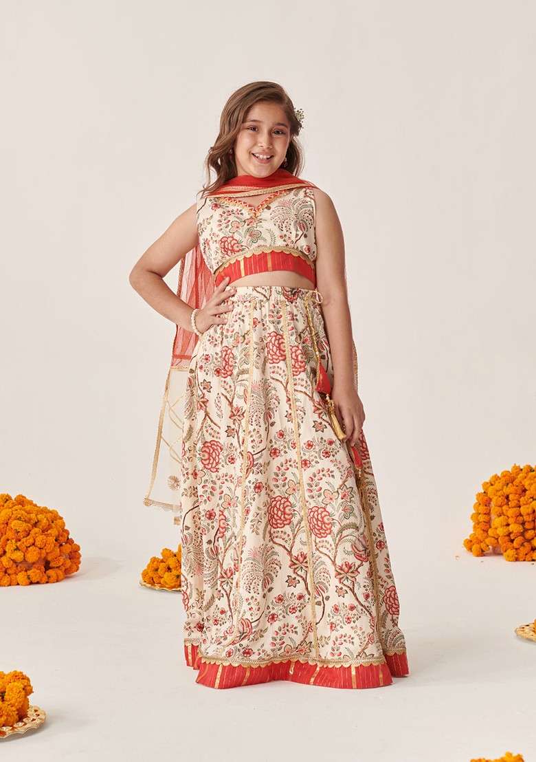 Off White Printed Lehenga With Blouse With Dupatta (Set of 3) - Indya