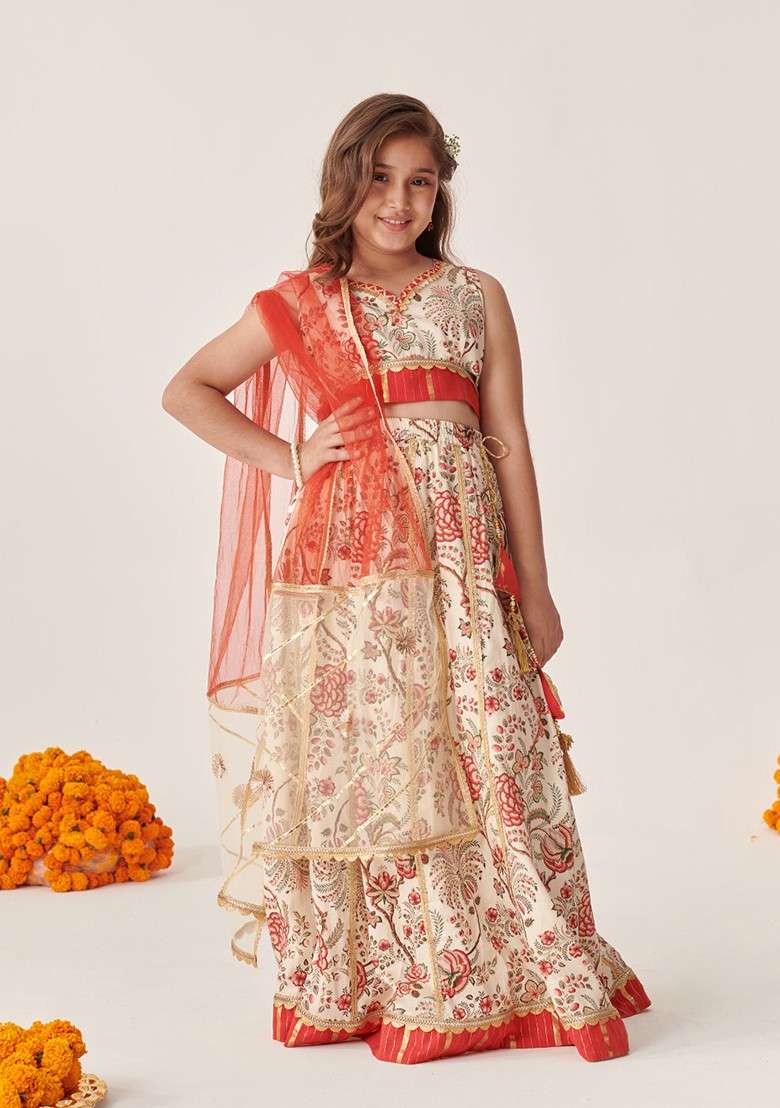 Off White Printed Lehenga With Blouse With Dupatta (Set of 3) - Indya