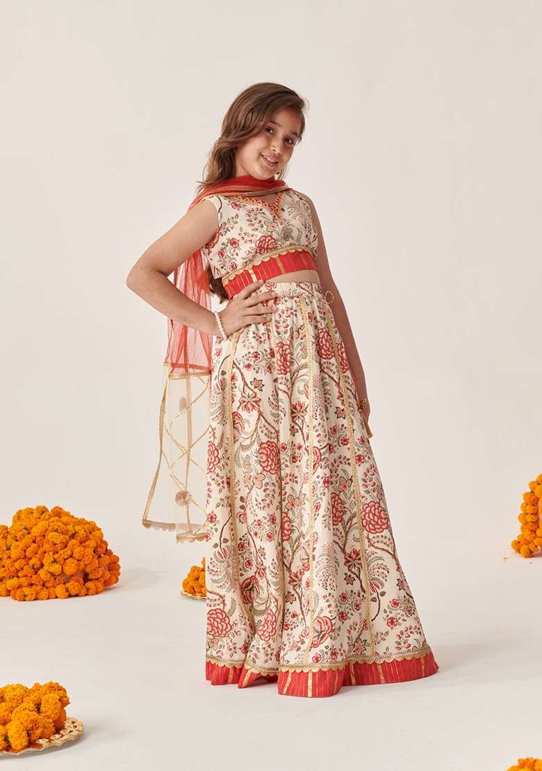Off White Printed Lehenga With Blouse With Dupatta (Set of 3) - Indya