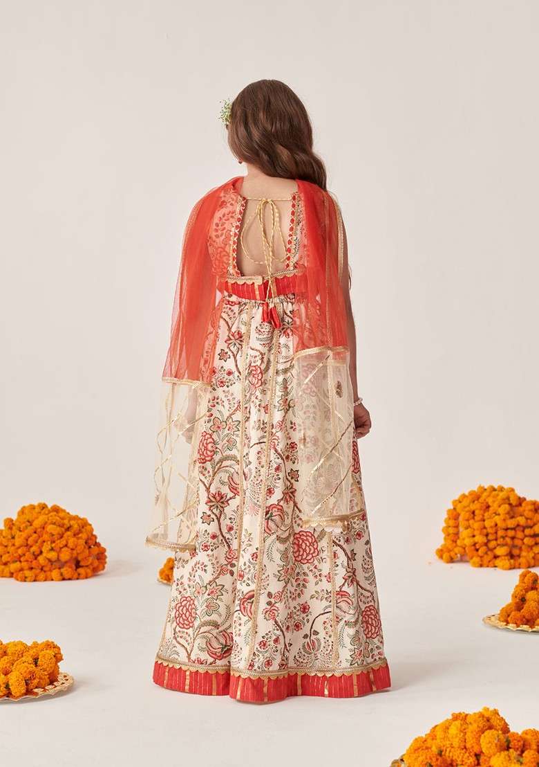 Off White Printed Lehenga With Blouse With Dupatta (Set of 3) - Indya