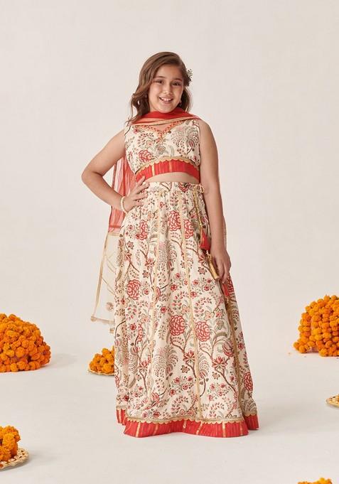 Off White Printed Lehenga With Blouse With Dupatta (Set of 3)
