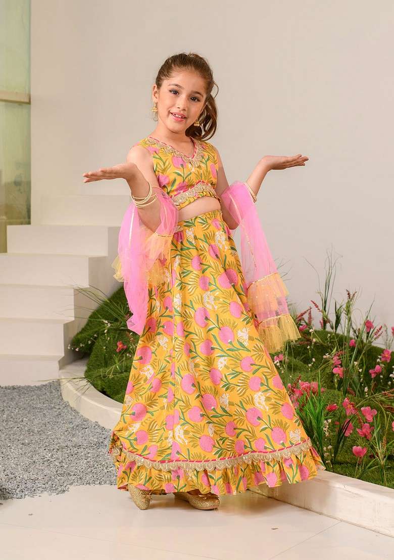 Mustard Printed Lehenga With Blouse With Dupatta (Set of 3) - Indya