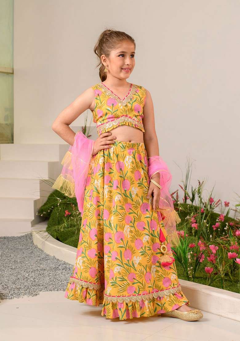 Mustard Printed Lehenga With Blouse With Dupatta (Set of 3) - Indya