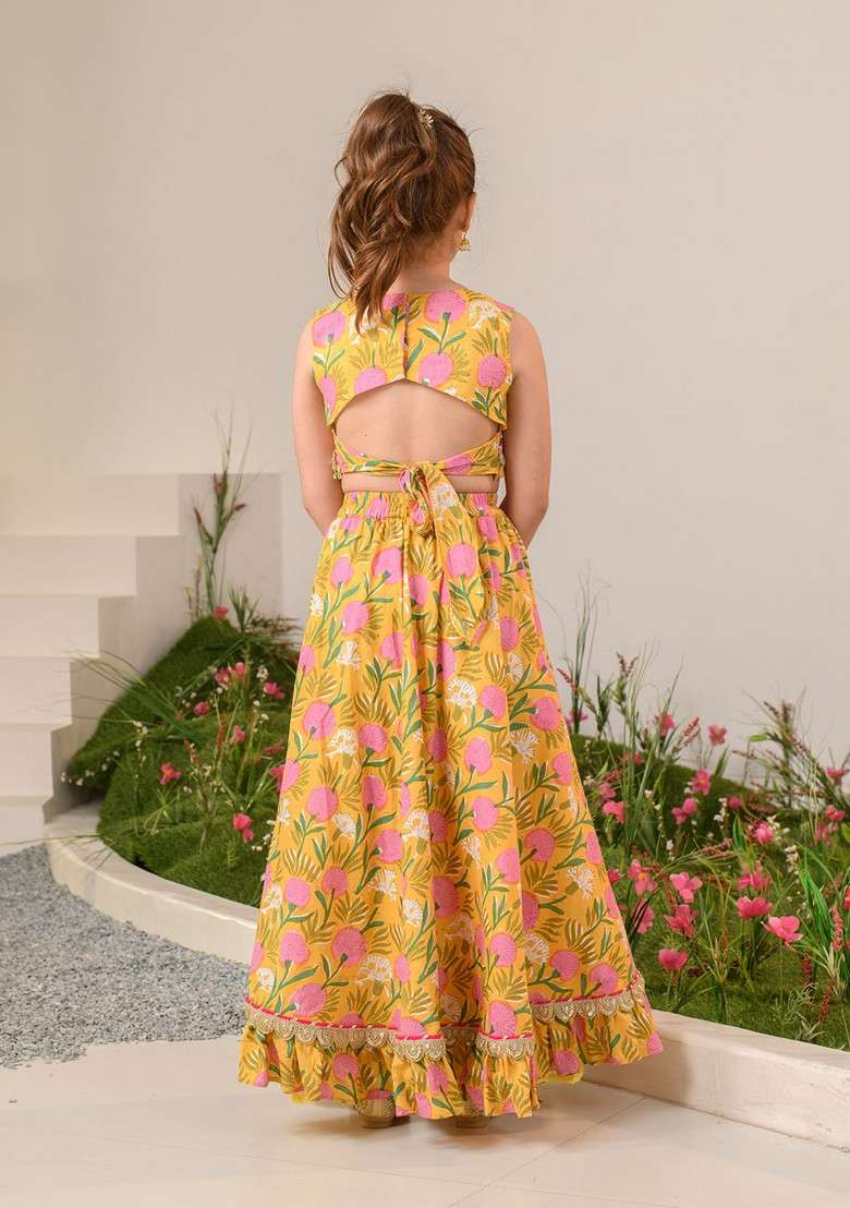 Mustard Printed Lehenga With Blouse With Dupatta (Set of 3) - Indya