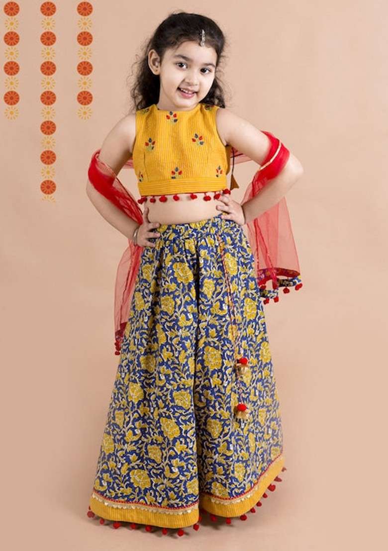 Yellow Cotton Lehenga With Blouse With Dupatta (Set of 3) - Indya